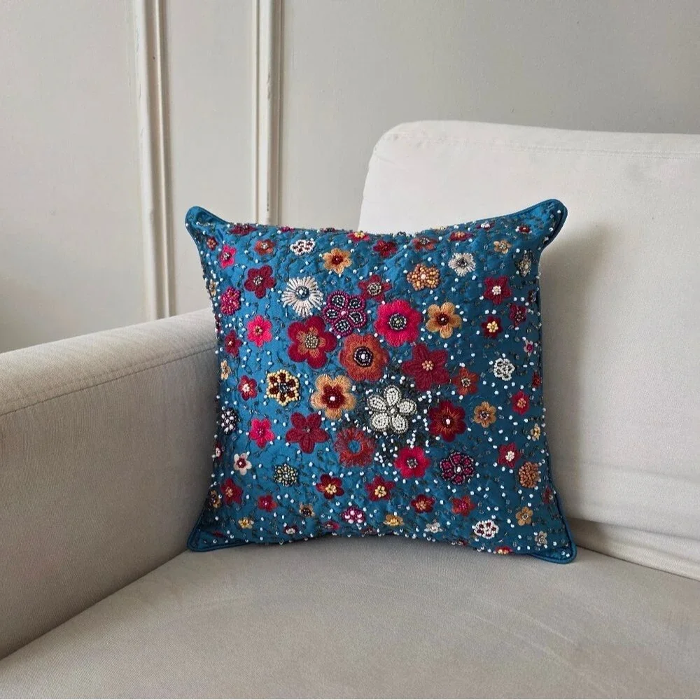 Pier 1 Imports Beaded Embroidered Floral Pillow Accent Pillow 14x14